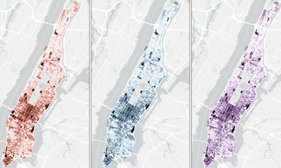 Installed cooling capacity (left), cooling demand (center), and electricity consumption for air conditioning (right) in Manhattan.