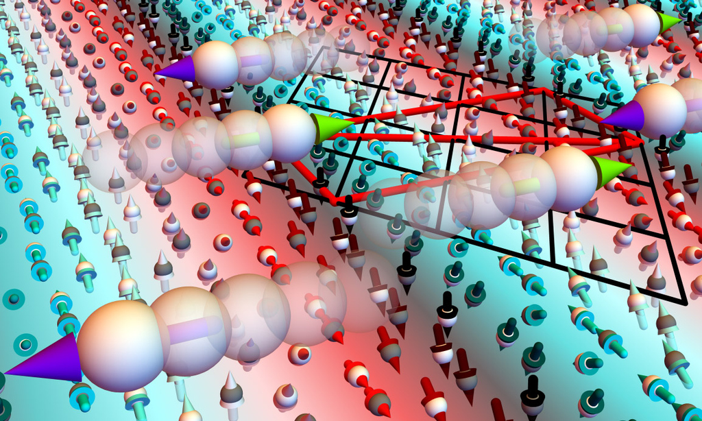 Dr. Jan Masell, KIT Künstlerische Darstellung des p-Wellen-Splittings: Laufrichtungsabhängiger Spin von Elektronen (grüne/lila Pfeile) über einer magnetischen Gitterstruktur.